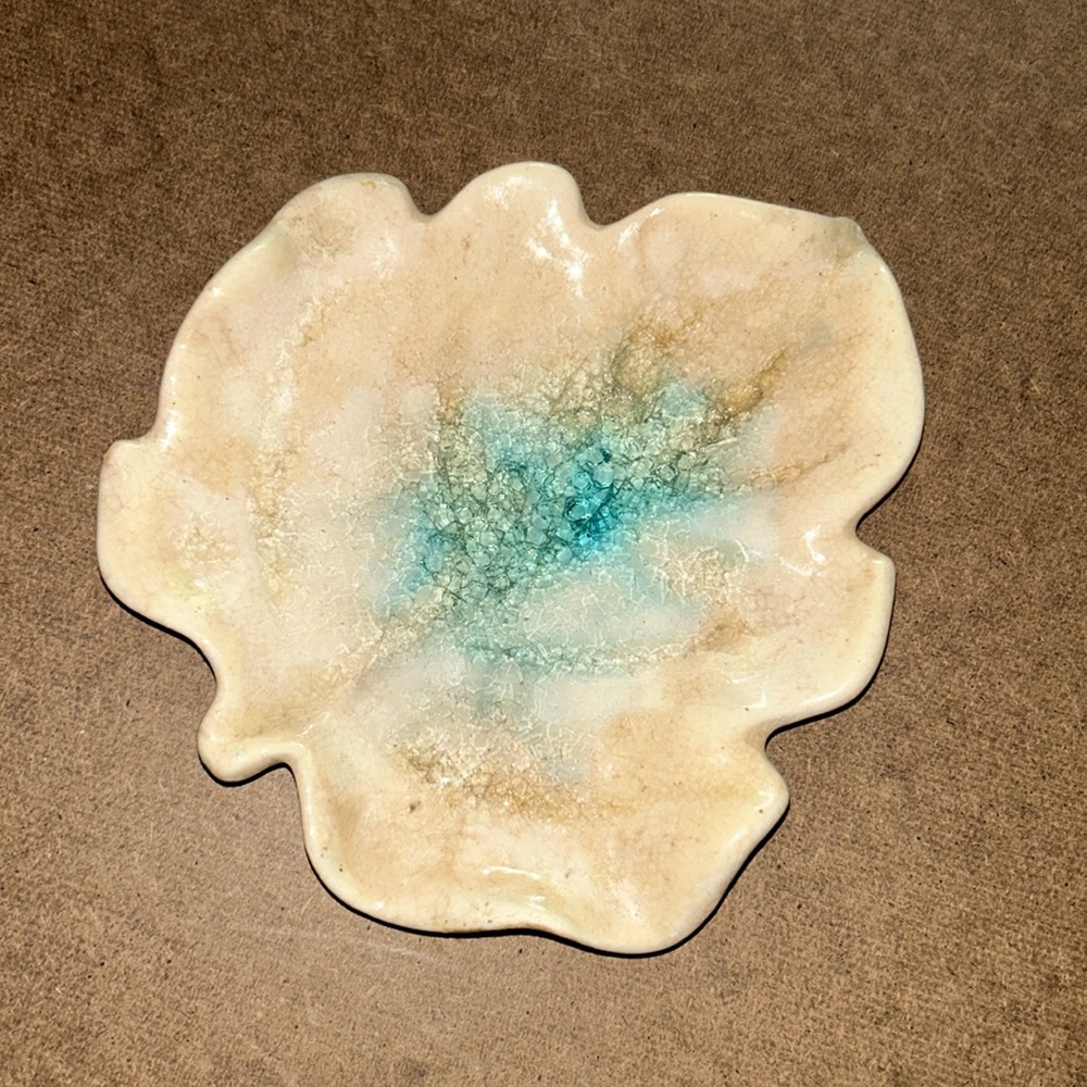 Art pottery, leaf dish, crackle glass
